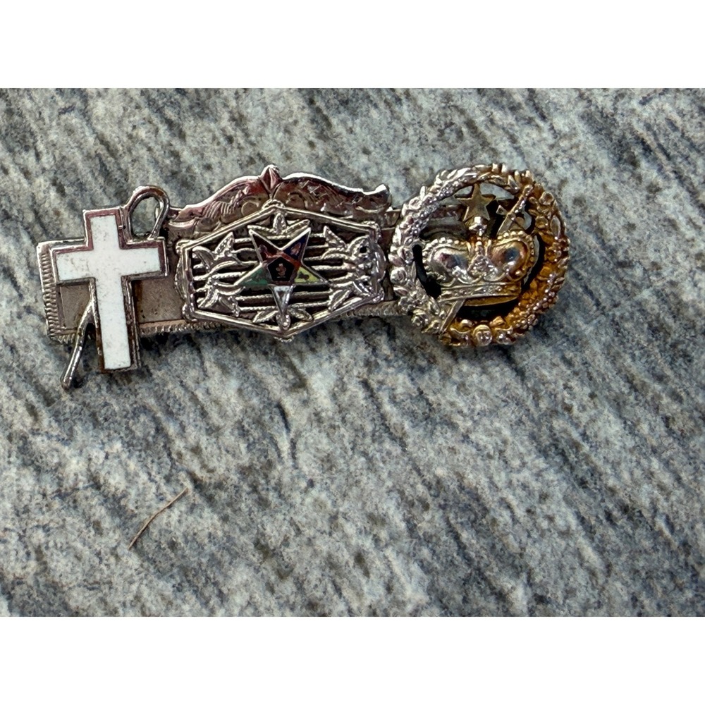 Order of the Eastern Star OES Pin Silver Gold Cross Star Crown Fraternal brooch